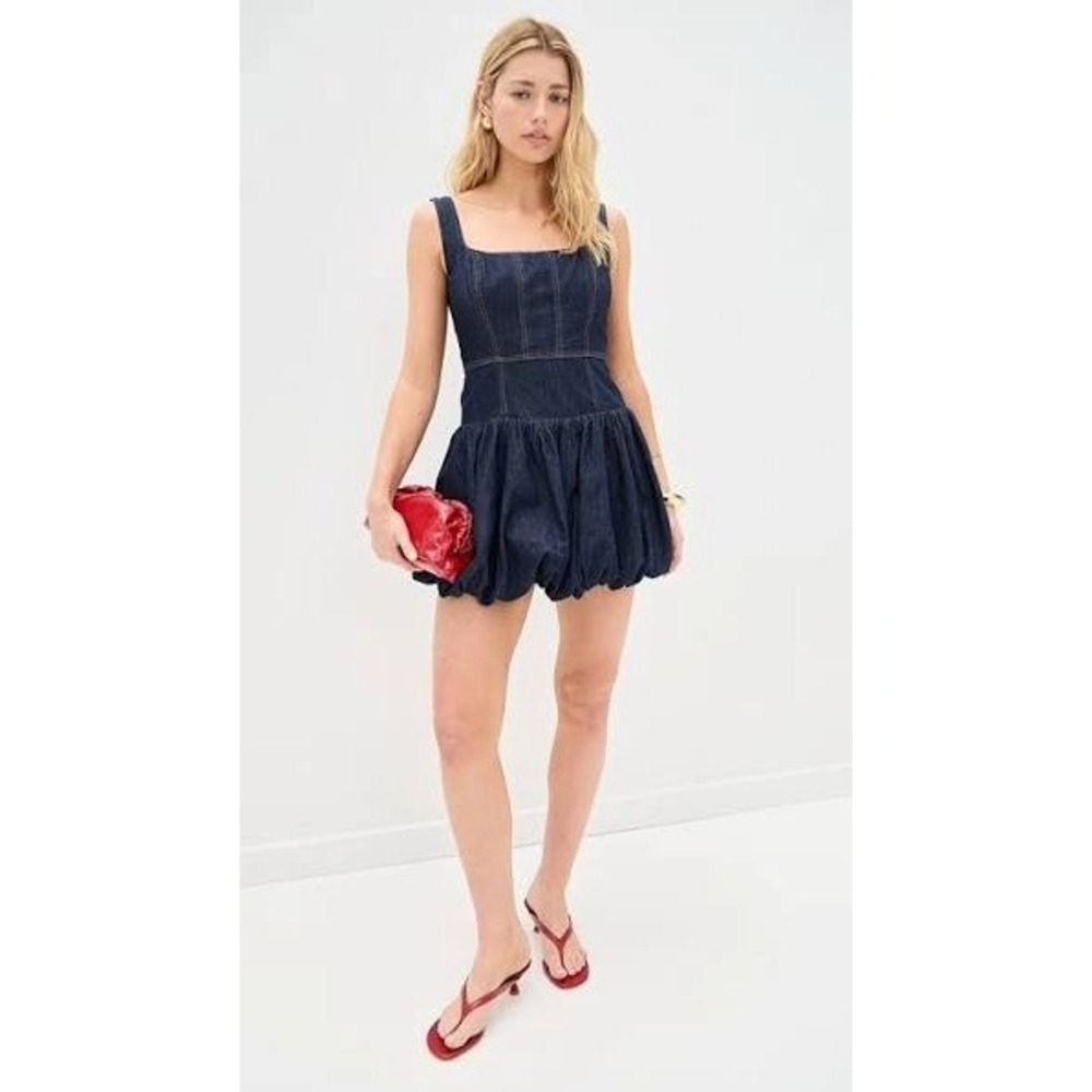 Reformation Delia denim mini dress women 12 blue NWT bubble hem corset bodice